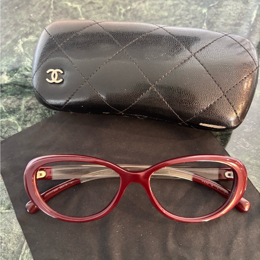 CHANEL Women's Burgundy Glasses with Black Case